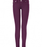 Elevate your go-to closet staples with these deep purple ultra-skinny jean leggings from True Religion - Five-pocket styling, logo detailed back flap pockets - Extra form-fitting - Style with cashmere pullovers and shearling lined boots