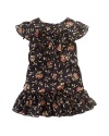 An array of ruffles on floral-print chiffon makes for a pretty season-spanning dress.