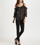 Breezy leopard-print silk hangs off the shoulders in this ruffled topper.Wide strapsOpen shouldersGathered sleevesPullover styleAbout 27 from shoulder to hemSilkDry cleanImported of USA fabric