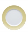 Rosenthal's Sunny Day dinner plates shine on casual tables with butter-yellow accents in dishwasher-safe porcelain.