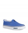 Stylish slipp-on canvas sneakers from top U.S. label Polo Ralph Lauren in trendy in light blue, with white sole, and navy blue polo player and text logo - Wonderfully easy and comfortable - Perfect companion to any casual outfit with jeans, shorts or chino