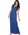 Look lovely and lean in Soprano's cap sleeve plus size maxi dress, highlighted by an empire waist with braided trim.