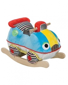 Put the pedal to the metal and rock! Solid wooden rocker frame surrounded by a soft and chubby stuffed car. Lots of colors and patterns and a friendly smiling face.