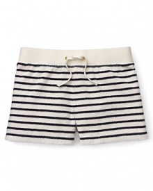 Plush, absorbent shorts by Juicy, of course. Striped for a classically nautical look and a perfect pair with its matching hoodie counterpart.