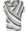 Stripes unite in this soft, feminine top rayon top - Features antique grey and neutral stripes in a dolman-style cut with round neck and short sleeves - Trendy yet versatile - Pair with skinny jeans, blazer and heels or flat boots