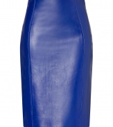 Electrify your luxe look with Versaces radiant blue high-waisted leather skirt, perfect for adding an exquisite edge to your work to cocktails wardrobe - Hidden back zip, vertical seaming, kick pleat - Seductive figure-hugging fit - Team with feminine tops and flawless platform pumps