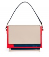 Detailed in a contemporary mix of smooth and textural contrast-hued leathers, Jil Sanders colorblocked clutch is a cool choice perfect for adding a punch of color to your outfit - Two sectional flap pockets, outside flap with embossed logo and hidden magnetic snap, removable handle in tonal metallic blue leather, stitched back slot pocket - Wear with monochrome separates and streamlined nude accessories