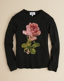 A large rose print on the front of this soft cotton sweater evokes a romantic mood under any circumstances.