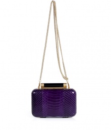 Hard-edge elegance gets an impossibly luxe twist in Diane von Furstenbergs petite clutch, finished to perfection in flawless purple snakeskin - Metal frame, hinged top closure, removable chain-link shoulder-strap, inside back wall slot pocket - Pair with cocktail dresses and statement pumps