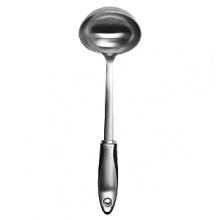 These tools feature brushed stainless steel handles for strength and durability and OXO International's trademark flexible fins for ultimate comfort. The generously proportioned head on our Ladle lets you serve ample portions of your favorite soups, stews and sauces. The contoured handle rests comfortably in your hand for a secure and comfortable grip.