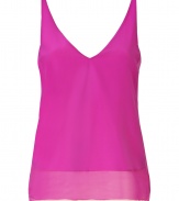 Versatile and vibrant, this silk camisole from Tibi adds bold style to your warm weather staples - V-neck, sleeveless, semi-sheer with solid underlay, slightly flared silhouette - Pair with cropped jeans, a loose knit cardigan, and embellished ballet flats