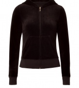 Bring high style to your casual attire with this logo-laden velour hoodie from Juicy Couture - Hooded, front zip closure, long sleeves, split kangaroo pocket, back embroidered logo detail with scarf print, slim fit - Pair with matching pants, slim jeans, or relaxed harem pants