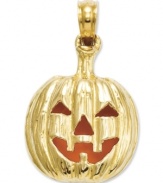 What's spooky and stylish all at once? This clever, cut-out pumpkin charm! Crafted from 14k gold, the inside glows with an orange enamel finish. Chain not included. Approximate length: 4/5 inch. Approximate width: 1/2 inch.