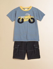 Stripes and motorcycles set the scene for this handsome set with a cozy cotton knit and ultra-cool cargo shorts. Tee CrewneckShort sleevesMotorcycle appliquéCottonImported of domestic fabric Shorts Elastic waistband with draw cord and cord lockTwo cargo pockets with flapTwo back flap pocketsTwo front side pockets70% cotton/30% nylonMachine washImportedAdditional InformationKid's Apparel Size Guide 