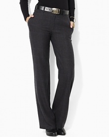 A classic-fitting dress pant exudes tailored sophistication in soft, smooth wool printed with an elegant Glen plaid pattern.