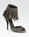 Boho fringe ankle strap adds dynamic movement to this stunning suede silhouette. Stacked heel, 4½ (115mm)Suede upperBack zipperLeather lining and solePadded insoleMade in Italy