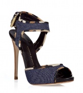 Strike a stylish pose in these ultra-luxe denim sandals from Guiseppe Zanotti - Peep-toe, stacked wooden stiletto heel, denim with leopard trim, ankle buckle closure - Pair with a pencil-cut sheath dress, a slim leather trench, and a studded clutch