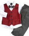 This snazzy 3 piece velvet vest set from Nautica gives him sharp style for any special occasion.