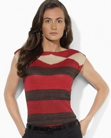 A heritage-inspired intarsia pattern accents a chic sleeveless top, crafted with a flattering boat neckline.