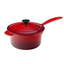 For nearly a century, Le Creuset has handcrafted enameled cast iron cookware of superlative quality, durability and versatility. Available in a wide array of cheery colors, the Iron Handle Saucepan's compact size is ideal for whipping up a sauce or gravy, or for preparing caramel and candy. With its innovative anti-drip pouring rim, the pan provides maximum control on the stovetop or when pouring into serving bowls or plates.