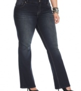 Team up the season's hottest tops with Baby Phat's bootcut plus size jeans, featuring a sleek dark wash.