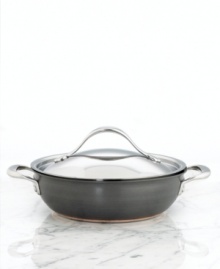 Whether you're braising in the oven or simmering on the stovetop, the Anolon Nouvelle casserole delivers expert-grade results with layer upon layer of premium cooking material: ultra-reactive copper is encapsulated by two layers of aluminum and finished with an impact-bonded stainless steel cap. Limited lifetime warranty.