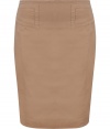 Stylish skirt in fine, pure creamy brown washed cotton - Elegant, slim pencil cut hits above the knee - Decorative seams at waist accentuate curves - Adjustable skinny belt and vent at rear - Zips at side - Streamlined and sophisticated, great for work or play - Pair with a silk blouse, button down or light cardigan and peep toe or platform pumps