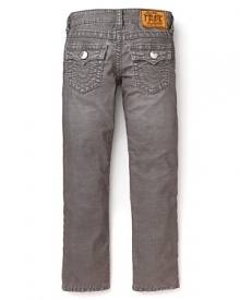 Skinny cords in cool gray are a cozy essential for cool weather, featuring back flap pockets and the True Religion logo.