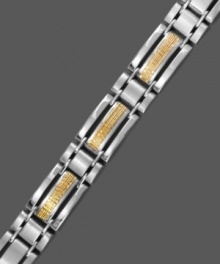 Modern appeal. This structured men's bracelet combines chic elements of stainless steel and 14k gold with intricate mesh accents. Approximate length: 8-1/2 inches.