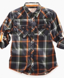 The crisp earth-tone on this plaid shirt from Guess makes it perfect for the season.