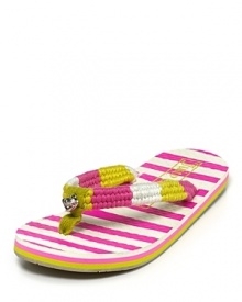 These Juicy Couture flip flops are updated for cooler weather with a colorful knit thong finished with a golden signature charm.