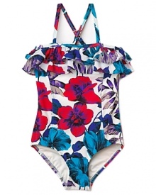 All ruffles and flower print, this cute bandeau one-piece swim suit is designed for stylish fun in the sun.