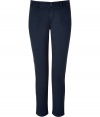 Stylish pant in fine, dark grey-blue cotton stretch blend - Traditional slim-leg, chino cut - New 7/8 length crops at ankles - Medium low rise - Belt loops and single button closure - Pockets at sides and welt pockets at rear - Classically cool and comfortably chic, ideal for both work and leisure - Pair with a silk top, blazer and pumps, or go for a more casual look with a t-shirt, cardigan and ballet flats