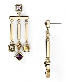 MARC BY MARC JACOBS renders this pair of dangly earrings in gold-plated metal with multi-colored stones for a dramatic, wear-with-all statement.