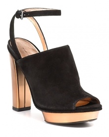 With brushed rosegold accents, these platform sandals from MARC BY MARC JACOBS offer gilded glamour in soft black suede.