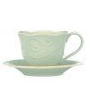 With fanciful beading and a feminine edge, this Lenox French Perle cup and saucer set has an irresistibly old-fashioned sensibility. Hardwearing stoneware is dishwasher safe and, in an ethereal ice-blue hue with antiqued trim, a graceful addition to any meal. Qualifies for Rebate