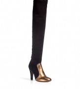 Luxurious boots made of fine, black stretch suede and gold leather - Trendy color block look - Sexy, elegant and stylish, you will wear these boots forever - A modern basic, with a high but comfortable heel - Rounded toe - Cut extremely high, the shaft ends above the knee - Brilliant styling: with tucked in jeans, a pencil skirt, a leather dress