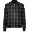 Give your look a downtown edge with PS by Paul Smiths tonal grey plaid wool blend jacket, detailed with fine ribbed trim for that school-cool feel - Short collar, long sleeves, exposed metal front zip, front flap pockets, zippered pocket on sleeves, slim fit - Pair with jeans and moto boots