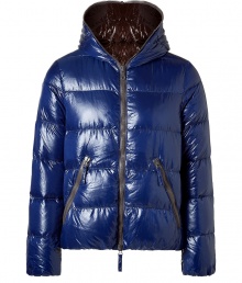 Stylish anorak in dark blue nylon - Filled with warm goose down, you wont freeze at up to 30 degrees Celsius - Typical quilted optic - Double zipper, functional pockets - Figure hugging cut - By the new Italian in-label Duvetica - Can be worn for skiing, too - Modern classic - Air-tight and water proof - A dream piece, a lifelong joy - Pair with jeans, corduroy pants, jet pants