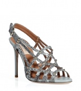 Bring instant glamour to your party ensemble with these must-have python heels from Valentino  - Peep-toe, crisscross front, ankle strap with buckle closure, all-over stud embellishment, high stiletto heel - Style with a figure-hugging frock and an embellished clutch