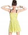 Rock out, girl style, in this a-line dress from Material Girl -- where dark straps pop against a bright body of lace!