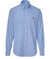 Classic blue and royal stripe poplin custom fit shirt Polo Ralph Lauren - This preppy-cool button down shirt is a wardrobe must-have - Button front closure, button down collar, distinctive Polo logo on chest - Style with khakis and loafers