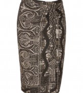 Work an iconic paisley into your sophisticated daytime look with a characteristic print stretch wool-blend skirt from Etro - Hidden side zip, ruched front panel, front slit, form-fitting - Pair with a color-pop cashmere cardigan and sleek platform pumps