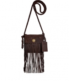 Work a note of retro-chic into your casual daytime look with Ralph Lauren Collections suede fringed crossbody bag - Flap-over with engraved flower closure, laced trim, knotted sides, luggage tag, inside back wall pocket - Wear with casual looks for running errands, or dress up for cocktails with sheaths and ankle boots