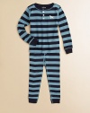 Smart and sporty rugby stripes make cozy bedtime companions in soft cotton knit with contrast stitching.Henley necklineButton placketDog chest appliquéLong sleeves with contrast ribbed cuffsElastic-waist bottoms with contrast ribbed cuffsCottonMachine washImported