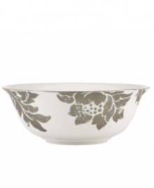 Mixing modern porcelain with antiqued blooms, the Lenox Silver Applique serving bowl has a fresh, romantic style all its own. With platinum banding to elevate holiday feasts and dinner parties with unforgettable elegance. Qualifies for Rebate