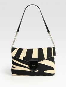 A zebra print adds ultra-chic style to this flap-top design of cotton canvas, topped with patent leather accents. Patent leather and chain shoulder strap, 11 dropBuckled flap closureOne inside zip pocketTwo inside open pocketsFully lined11W X 7H X 3¼DImported