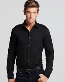 A stretch Michael Kors long sleeve shirt offers tailored epaulets and button cuffs on a streamlined and slim silhouette.