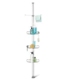 A place for everything and everything in its place. This simplehuman shower caddy keeps bath items out of the way yet well within reach with three adjustable storage baskets and two washcloth rods. Featuring hooks for razors, toothbrushes and more, plus an integrated soap dish. Designed to store bottles upside down for quick dispensing.  Durable stainless steel and aluminum won't rust or discolor.