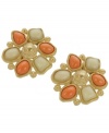 Heat things with a little citrus flavor. T Tahari's intricate stud earrings feature a clever floral pattern with sand and coral-colored resin stones. Set in gold tone mixed metal. Base metal is nickel free for sensitive skin. Approximate diameter: 1-1/2 inches.